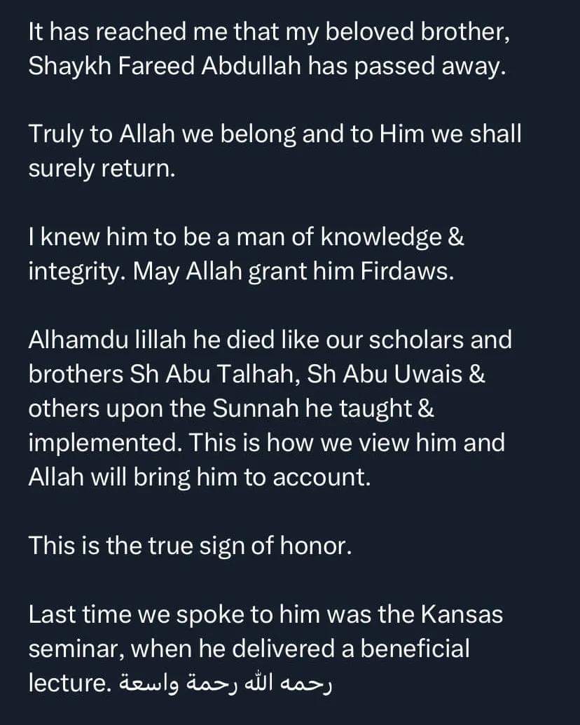 Shaykh Fareed Abdullah Pass&nbsp;Away